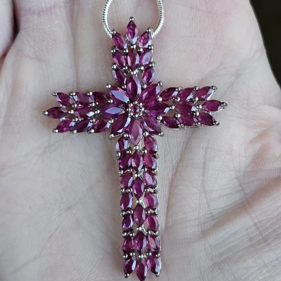 Genuine Rhodolite Garnet Cross in Platinum over Sterling Silver! ✨️🎀 - Picture 3 of 7